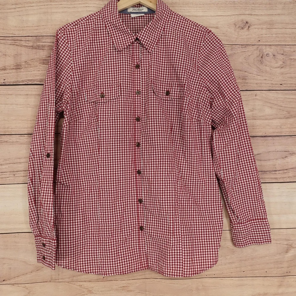 Van Heusen Button-Up Womens L Red Check Collared Long Sleeve Shirt Top